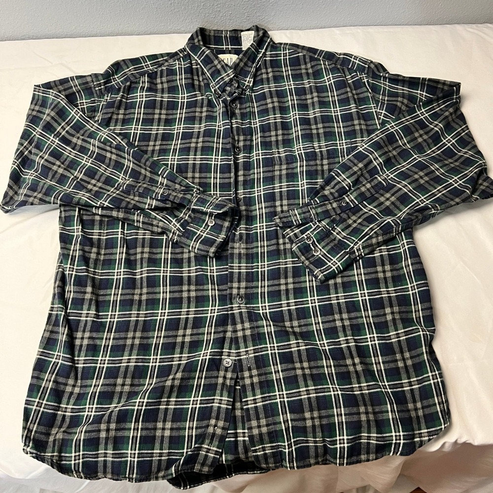 Gap Mens Large Plaid Button Down Shirt Green Navy Blue Flannel Lumberjack Style